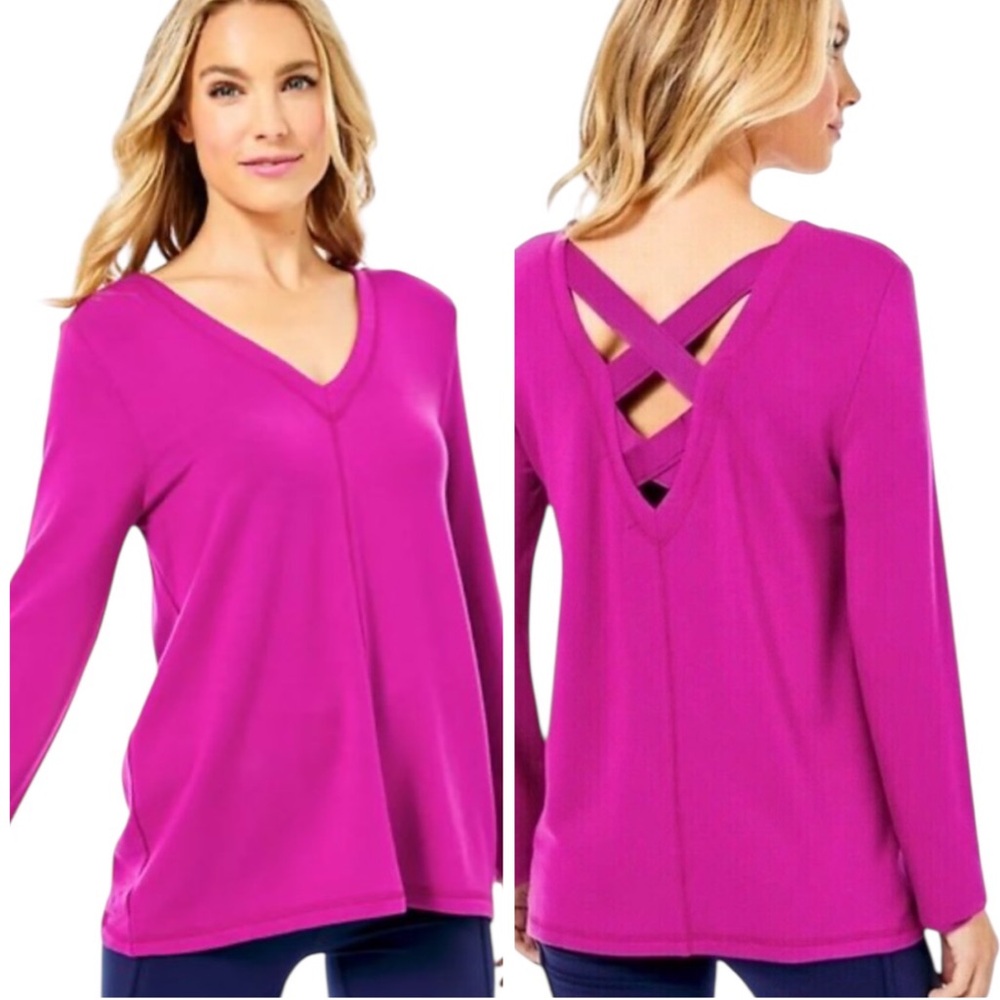 NWOT Lilly Pulitzer Luxletic Areli Bordeaux Berry Criss Cross L/S V-Neck Top